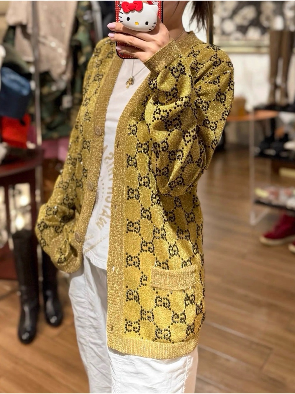 Gucci Yellow and Black GG Jacquard V-Neck Cardigan - Picture 6 of 7